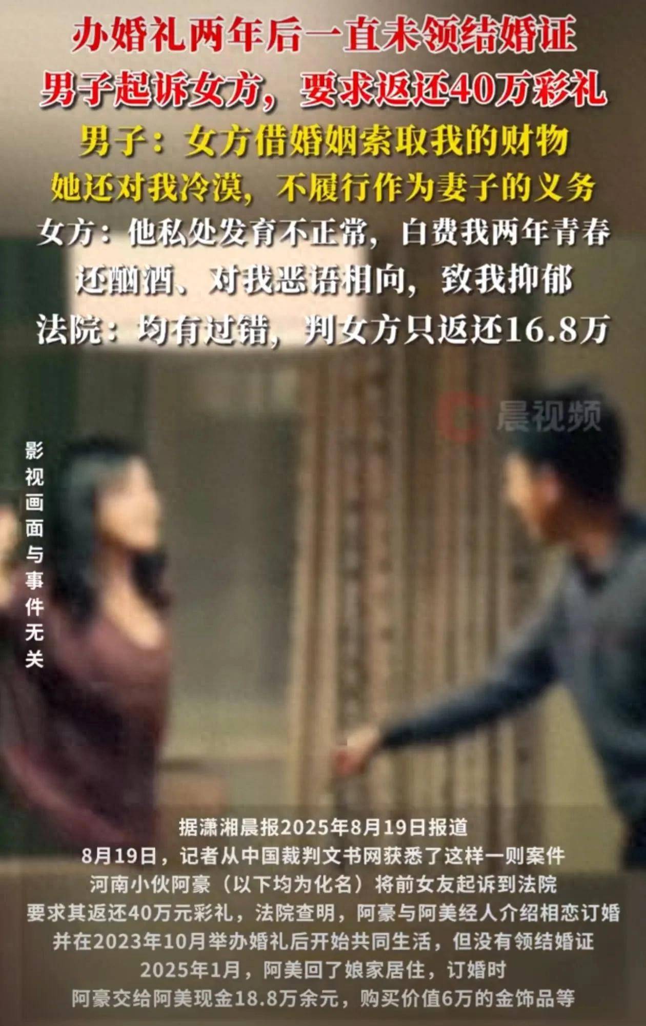 皇冠信用网怎么开户
_“他私处不正常!”结婚2年未领证男子追讨40万彩礼皇冠信用网怎么开户
,女方称浪费青春,法院:都有错,返还彩礼16.8万元